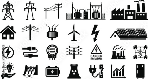 Electrical energy and renewable power line icon set featuring solar panels, wind turbines, electric meters, battery charging, and industrial factory ...
