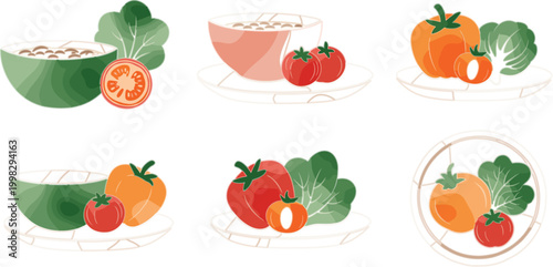 Fresh Vegetable Salad and Healthy Food Plates Illustration Set with Tomatoes Peppers Greens and Nutritious Meals for Diet Cooking and Organic Lifestyle Design