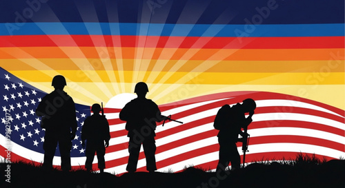 Silhouette of soldiers against American flag background for Memorial Day