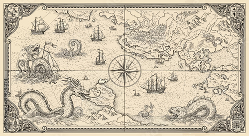 An old engraving style vector illustration map shows a sea monster and ships in a fantasy landscape.