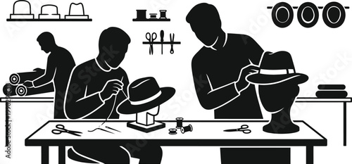 Tailor and sewing workshop silhouette set featuring fashion designer stitching fabric, cutting cloth, ironing garments and tailoring clothes in professional textile studio. 
