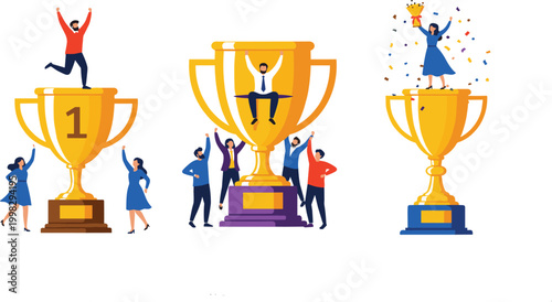 Business success celebration concept with golden trophy cups winning team achievement leadership victory teamwork award ceremony flat vector illustration isolated