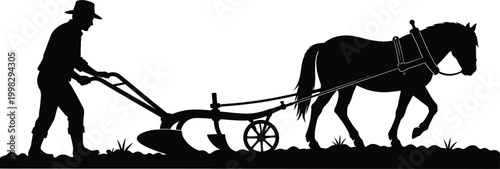 A black and white illustration depicts a farmer plowing a field with a horse and equipment silhouette high quality professional detailed
Traditional farmer plowing muddy field with horse drawn plough 