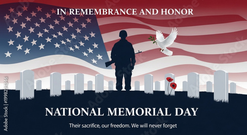 Soldier silhouette with dove and graveyard for Memorial Day honor