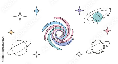 Colorful swirling planets and stars.