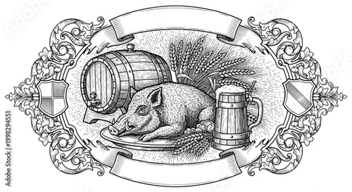 A boar lies beside a barrel and mug in an ornate engraving illustration style.