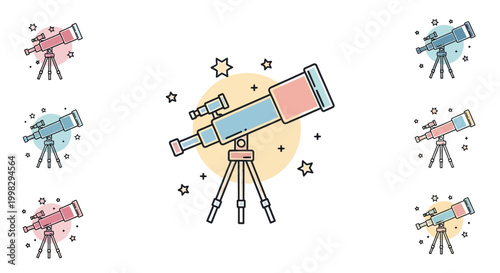 Telescope on tripod with colorful design.
