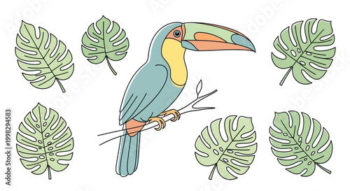 Colorful Toucan Bird Perched on Branch.