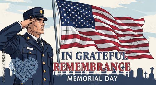 Memorial Day soldier saluting with American flag and graveyard illustration