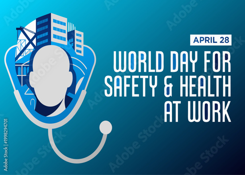 Occupational safety vector illustration with helmet, stethoscope, worker, blue background for social media awareness design.