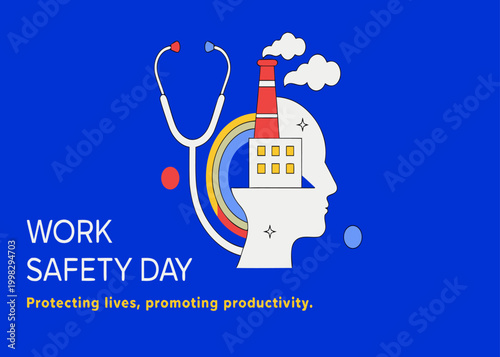 Safety and Health at Work vector featuring helmet, stethoscope, human figure, blue background for awareness campaigns.
