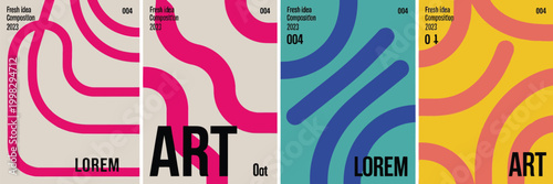 Abstract geometric patterns in vibrant colors displayed on vertical poster designs