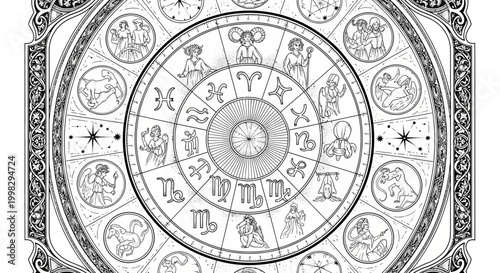 The zodiac wheel showcases an engraving style vector illustration of astrology symbols and their corresponding signs.