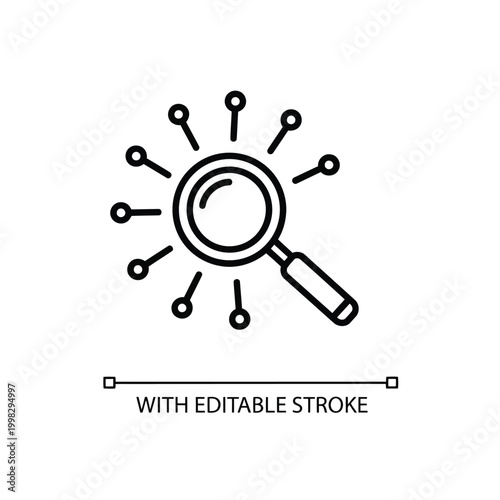 Magnifying glass icon with connected network nodes and editable stroke feature