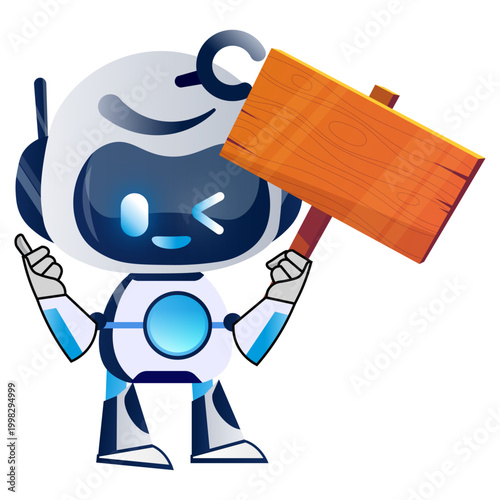 Robot Mascot Holding Blank Sign Board, Announcement Concept Illustration

Keywords: