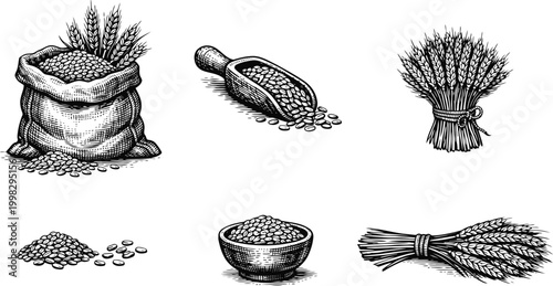 Vintage Woodcut Wheat Grain Illustration Set with Sacks Scoops and Sheaves