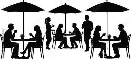 Εκτύπωση καμβά People seated at café tables silhouette pictogram sipping drinks and chatting, umbrellas and chairs outlined, relaxed social scene, minimal vector