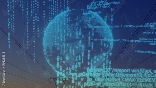 Cyan dotmatrix globe activating, rotating with orbiting rings and cascading code to map energy-flow