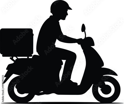 Black silhouette of food delivery courier riders on scooters with thermal backpacks isolated on a white background vector illustration set.
