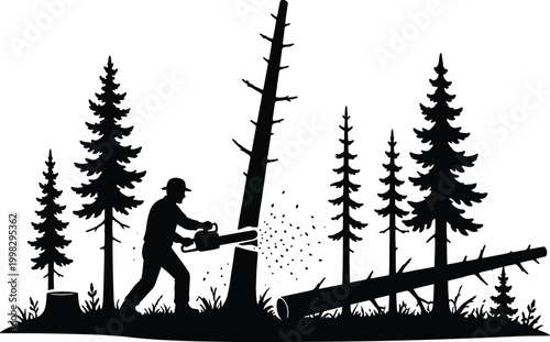 Cutting tree with chainsaw
Forestry worker with chainsaw is sawing a log. Process of loggin

