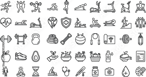Comprehensive fitness and wellness line art icon set featuring exercise, healthy nutrition, workout equipment, and health essentials in editable stroke style.