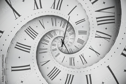 Abstract modern white spiral clock dial with roman numerals. Concept of Infinite time, deadline, scheduling, time management, time travel, time and space, past, present and future.