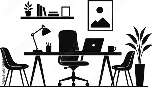Minimalist Desk Setup with Computer, Chair, and Lamps - Line Art Illustration
Minimalist desk setup with computer, lamp, books, plants, and clock. Line art illustration.
