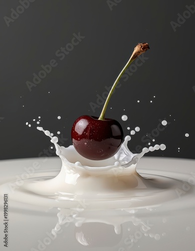 Dark ruby red cherry falling into milk with a dynamic crown splash, high-speed macro photography of fresh fruit and yogurt.
