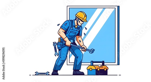 Rugged Construction Worker Installing Window Frame