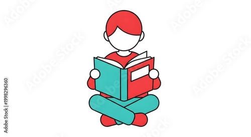 Cartoon Child Reading Book Sitting Crossed Legged