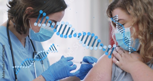 Obraz na płótnie Administering scrub nurse injecting patient in sleeveless top in clinic, with sy