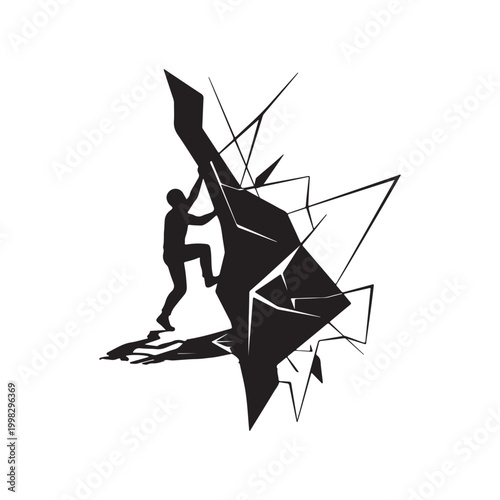 Silhouette of a person climbing a jagged, abstract rock formation rock climbing