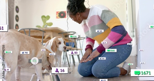 Kneeling woman in sweater leaning toward 2 dogs at kitchen steel bowl, social overlays, copy space
