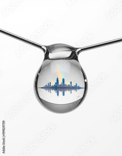 Macro photograph of a spherical water droplet on a thin wire reflecting a futuristic city skyline with a rainbow, isolated on white.