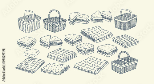 Picnic basket sandwich and blanket line art illustration set. Hand drawn vector doodle collection.