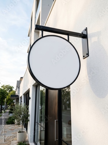 Opened ingredientMinimalist Circular Hanging Wall Sign Mockup on Modern Storefront