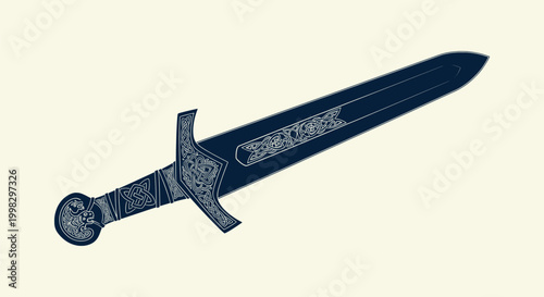 Ancient Viking Sword Illustration with Intricate Celtic Knotwork and Dragon Head Pommel Design
