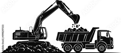 Detailed black and white line art illustration of a skid steer loader heavy equipment machine used for construction and landscaping.
