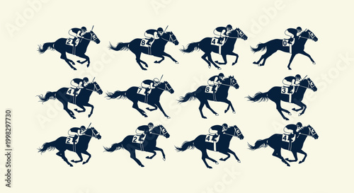 Set of horse racing silhouettes with jockeys in various galloping poses for sports design projects.