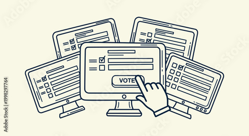 Illustration of Digital Online Voting System with Multiple Computer Screens and Hand Selection