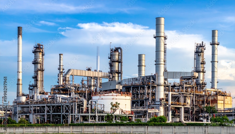 Fototapeta premium Industrial refinery complex with distillation towers and storage tanks