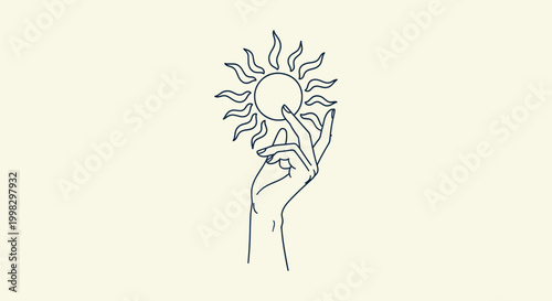 Minimalist Celestial Boho Line Art Illustration of a Human Hand Reaching for Sun with Wavy Rays.