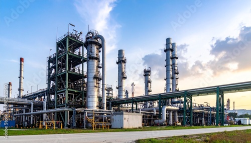 Industrial refinery complex with distillation towers and storage tanks