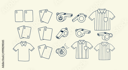 Sports Official Referee Icons Collection Including Whistle Penalty Cards and Striped Uniform Shirts