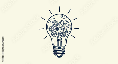 Concept of innovation with a light bulb containing mechanical gears and cogs in a sketch art style.