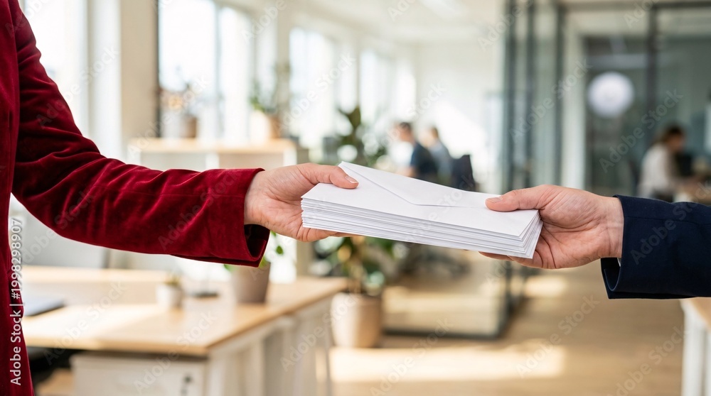 Naklejka premium Red velvet sleeve adorns an arm handing over a thick stack of crisp white paper envelopes against a softly blurred modern office interior.