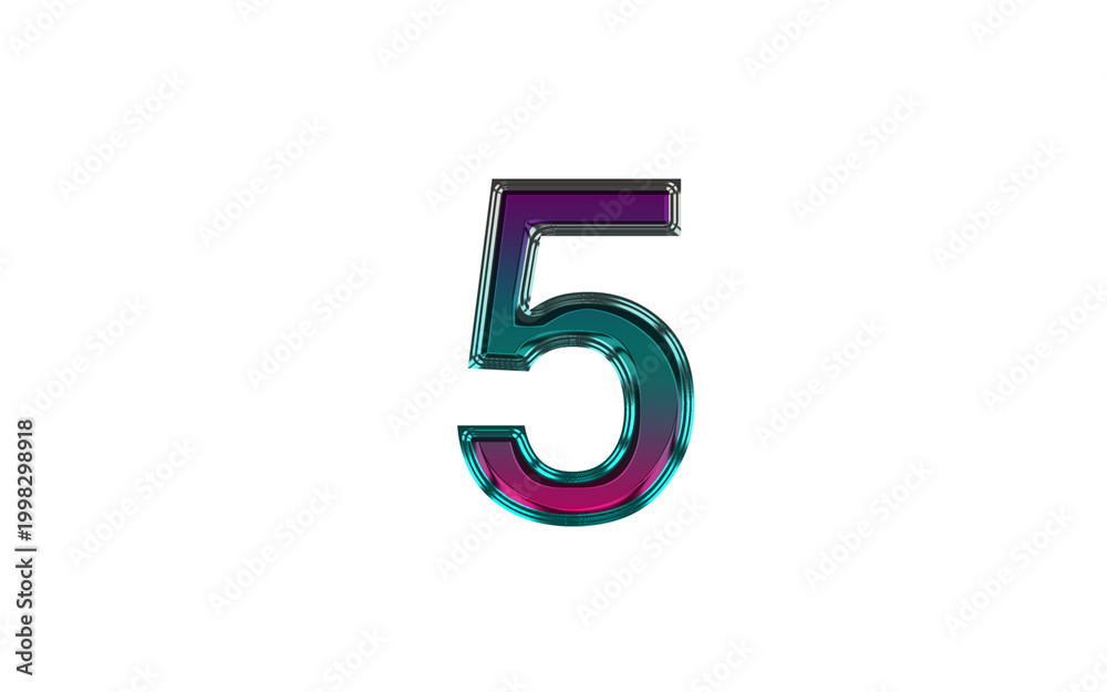 Fototapeta premium Glossy Neon Metallic Number 5 PNG Transparent Background