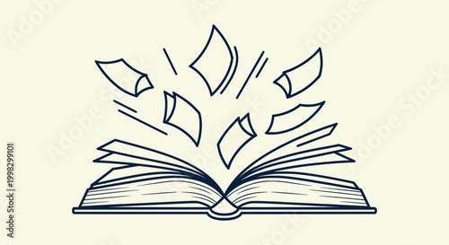 Minimalist line art of an open book with pages flying out representing knowledge and imagination.