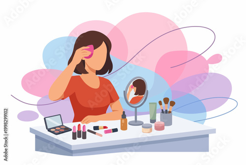 Woman applying makeup with beauty products at a vanity desk