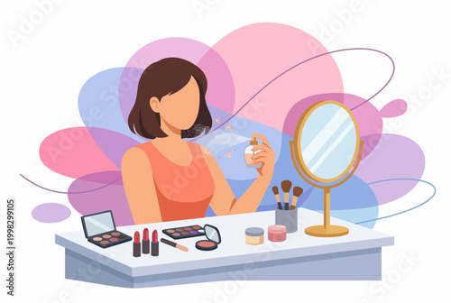 Woman Spraying Perfume at Makeup Vanity Table